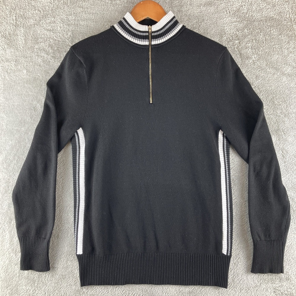 Coofandy Sweater Men's Medium 1/4 Zip Pull Over Slim Fit Black w/ White Stripes